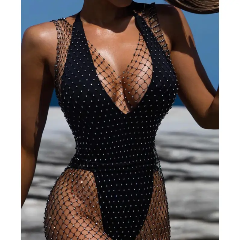 black mesh cover up with crystal beads