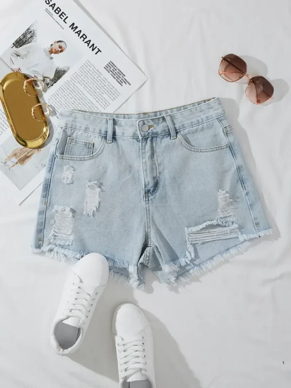 distressed short light blue denim