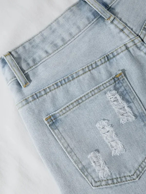 distressed short light blue denim