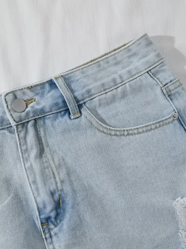 distressed short light blue denim